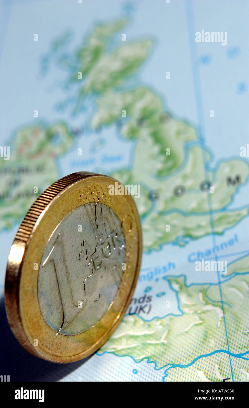 Euro coin currency on Great Britain Europe map Stock Photo Alamy