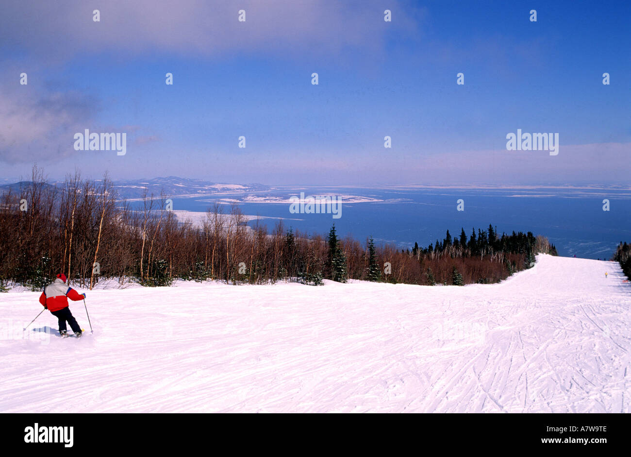 Canada, Quebec Province, down hill skiing station of Petite Riviere Saint François dominating Saint Lawrence river Stock Photo