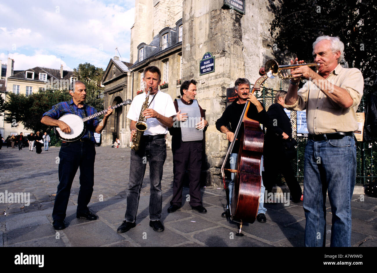 France, Paris, jazz band on the square of Saint Germain des Pres Stock