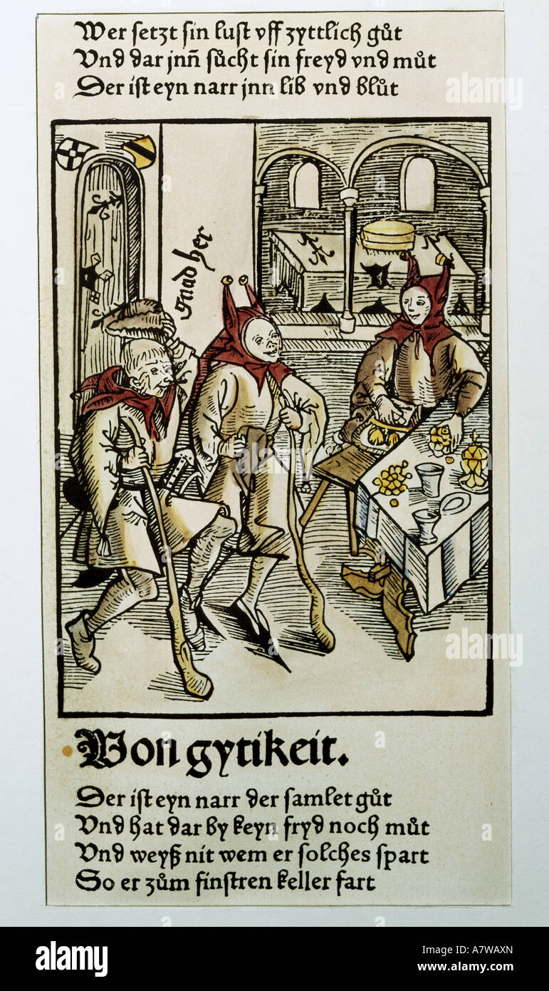 Brant, Sebastian, 1457/1458 - 10.5.1521, German humanist and author/writer, works, 'Ship of Fools', figure number 3, 'of greed', coloured woodcut by the Gnad-Her-Meister, printed by Johann Bergmann von Olpe, Basel, 1494, private collection, , Stock Photo