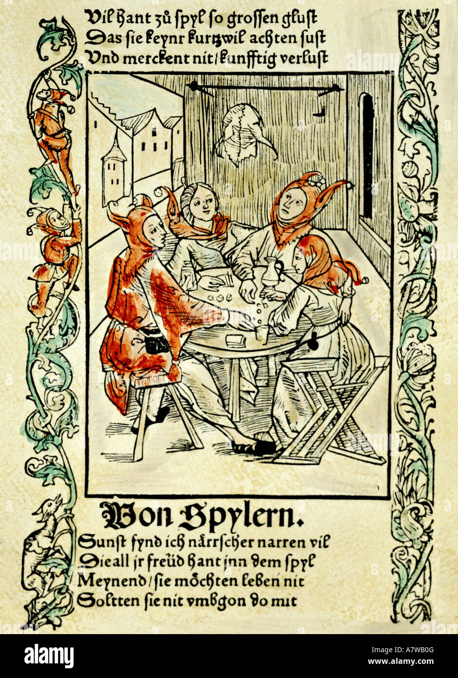 Brant, Sebastian, 1457/1458 - 10.5.1521, German humanist and author/writer, works, 'Ship of Fools', figure nrumber 73, 'of gamblers', coloured woodcut by the Haintz-Nar-Meister, printed by Johann Bergmann von Olpe, Basel, 1494, private collection, , Stock Photo