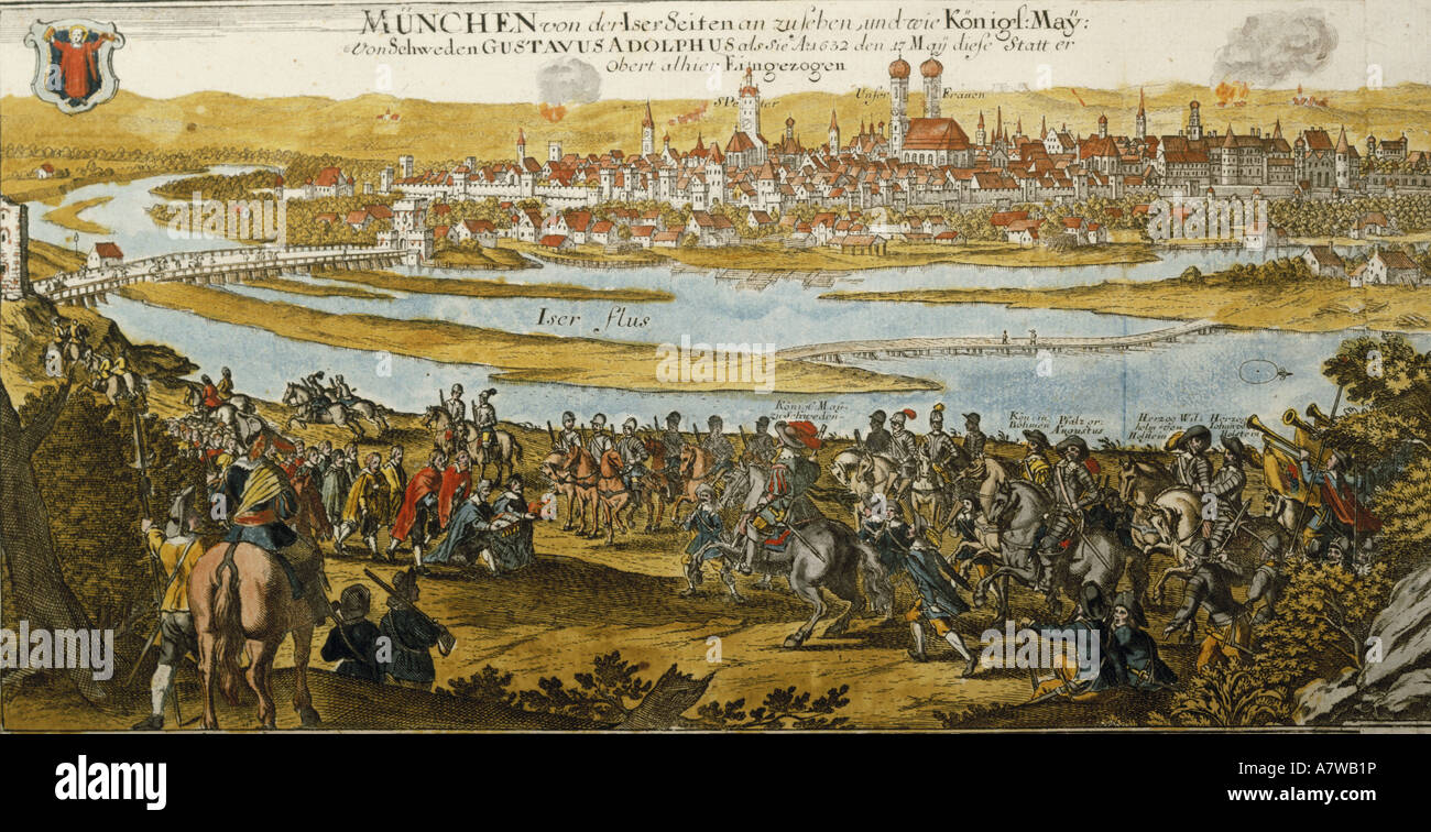 events, Thirty Years War 1618 - 1648, Swedish intervention 1630 - 1635, the Swedes entering Muinich, 17.5.1632, engraving, "Topographia Bavariae" von Matthäus Merian, coloured, Stadtmuseum Munich, , Artist's Copyright has not to be cleared Stock Photo