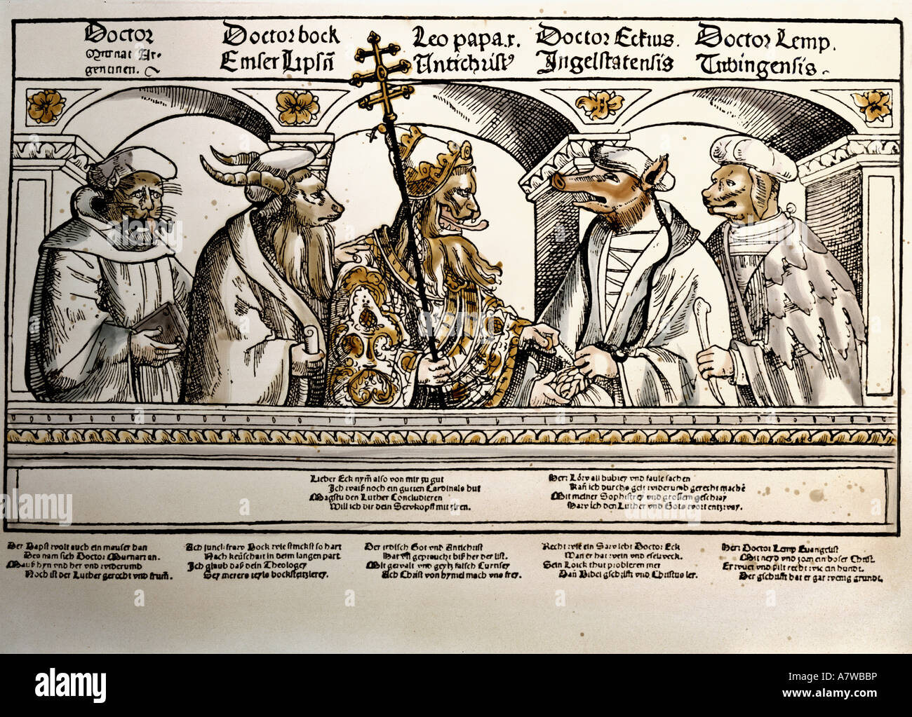 event, reformation 1517 - 1555, caricature, pope and theologians, woodcut, Nuremberg, circa 1520, private collection, Thomas Murner as cat, Emser as goat, Pope Leo X as antichrist, Johannes Eck as dog, Lempp as pig, religion, christianity, protestant satire, catholicism, broadsheet, propaganda, Germany, 16th century, historic, historical, people, Stock Photo