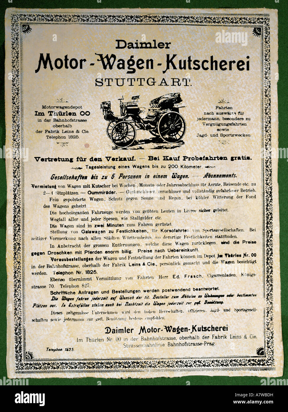advertising, cars, Daimer Motorcars, Stuttgart, 1886, Stock Photo