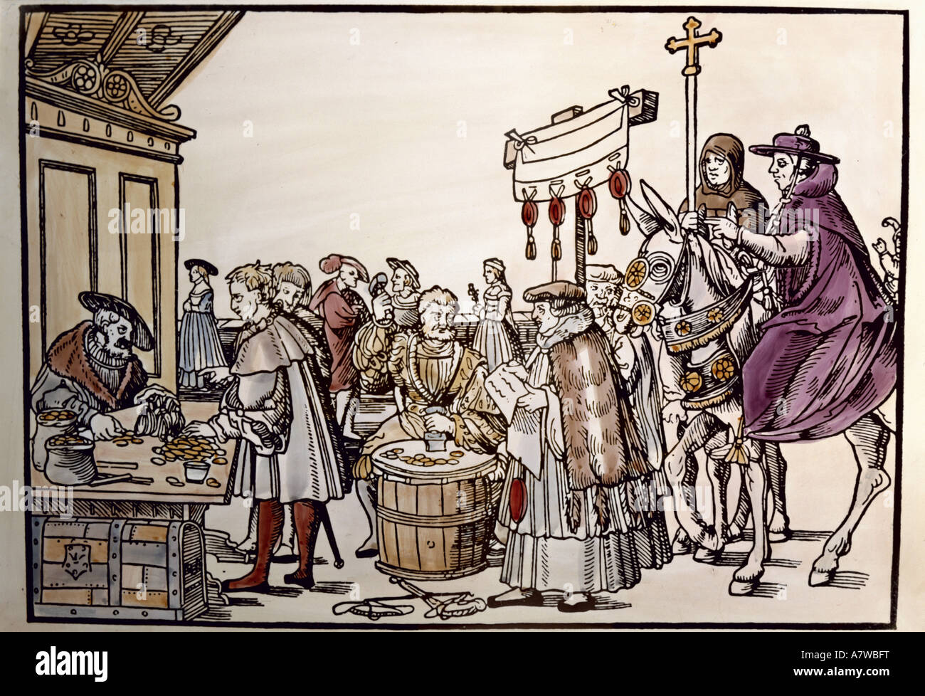 religion, christianity, indulgence, announcement of the papal indulgence, coloured woodcut by Jörg Breu the Elder, Augsburg, circa 1530, Stock Photo