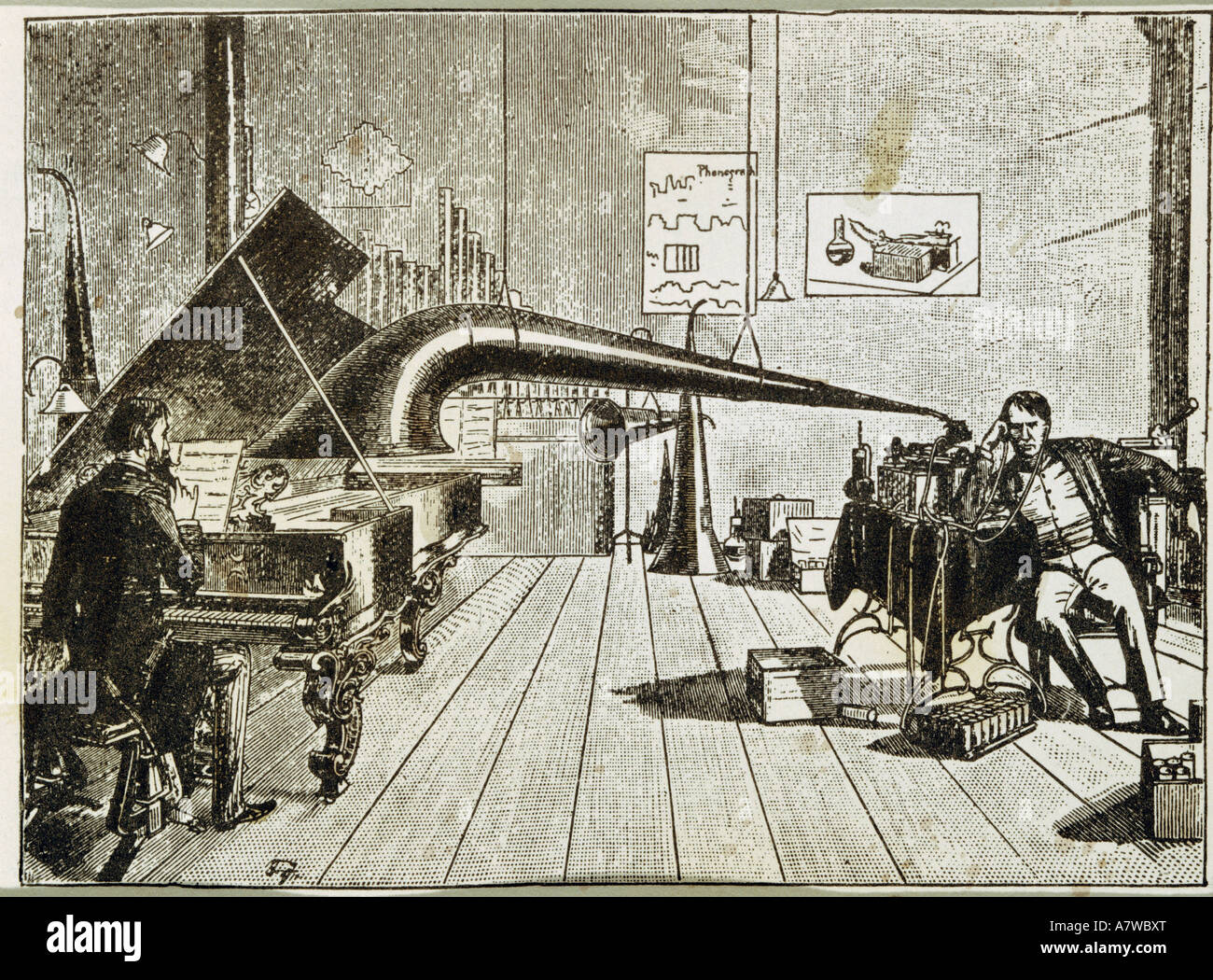 Edison, Thomas Alva, 11.2.1847 - 18.10.1931, American engineer, his phonograph, 1877, recording music of a piano, engraving, Leipzig, circa 1880, privat collection, , Stock Photo