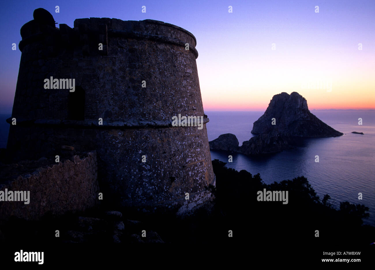 Torre des Savinar and Es Vedrà Ibiza Balearic islands Spain Stock Photo