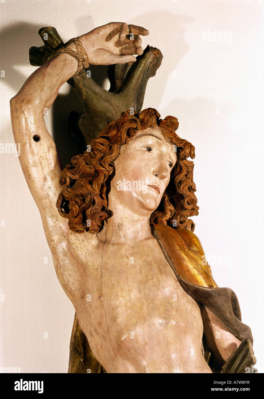 fine arts, Saint Sebastian, (+ circa 288), sculpture, by Tilman Riemenschneider, Wood, Wuerzburg, around 1490, detail, Bavarian National Museum, Munich, Artist's Copyright has not to be cleared Stock Photo