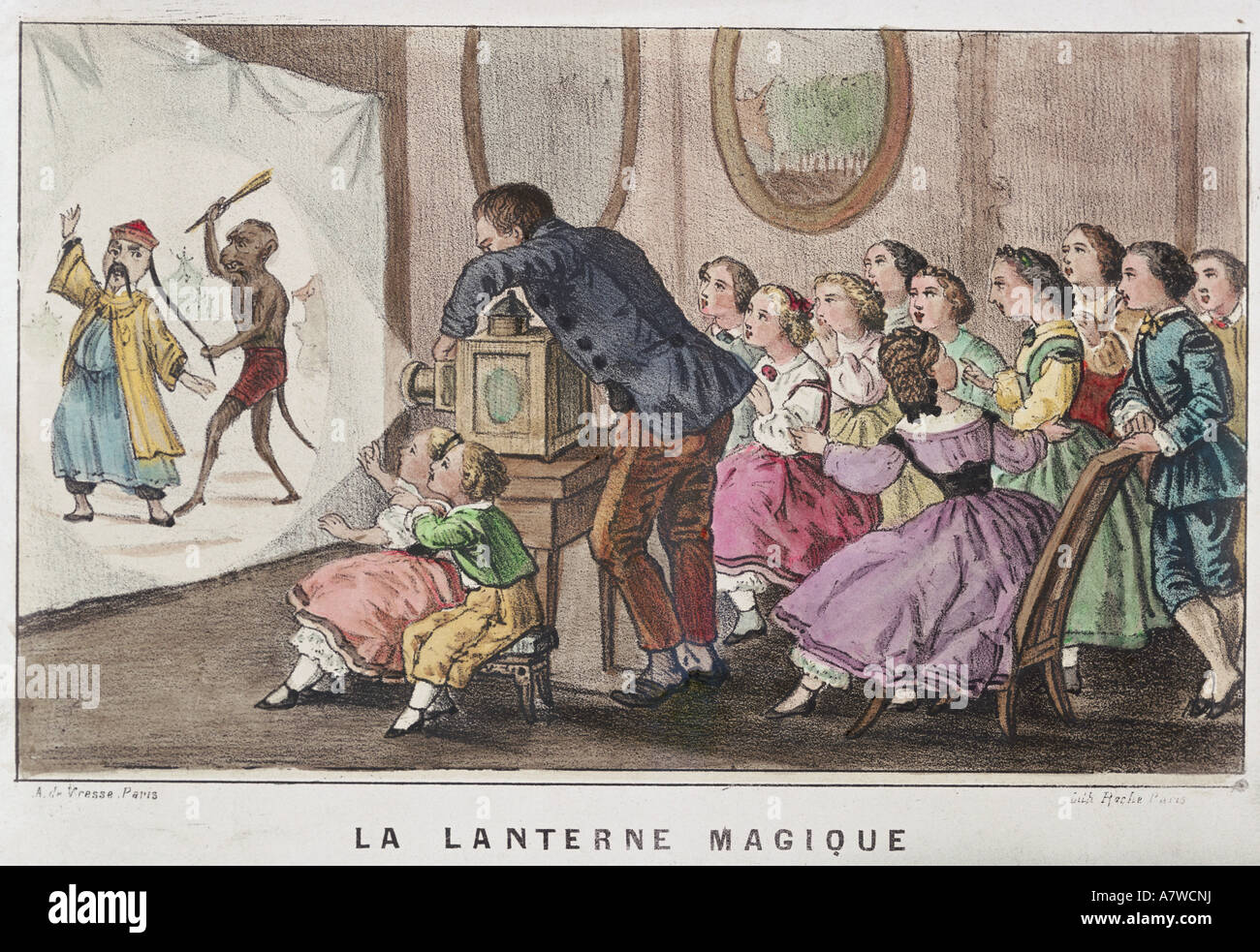 movie/cinema, magic latern, presentation of a Chinese fairy tale, lithograph by A. de Vresse, Paris, circa 1840/1850, Stock Photo