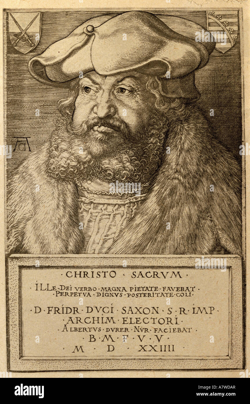 Frederick III 'the Wise', 17.1.1486 - 5.5.1525, Elector of Saxony 26.8.1486 - 5.5.1525, portrait, engraving by Albrecht Dürer, Nuremberg, 1524, private collection, , Artist's Copyright has not to be cleared Stock Photo