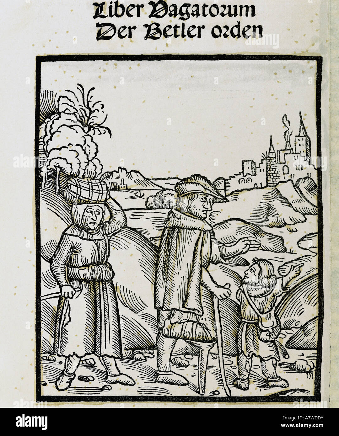 people, misery/adversity, beggars, woodcut, 'Liber vagatorum, Der Bettler-Orden', title, Nuremberg, circa 1510, private collection, , Stock Photo