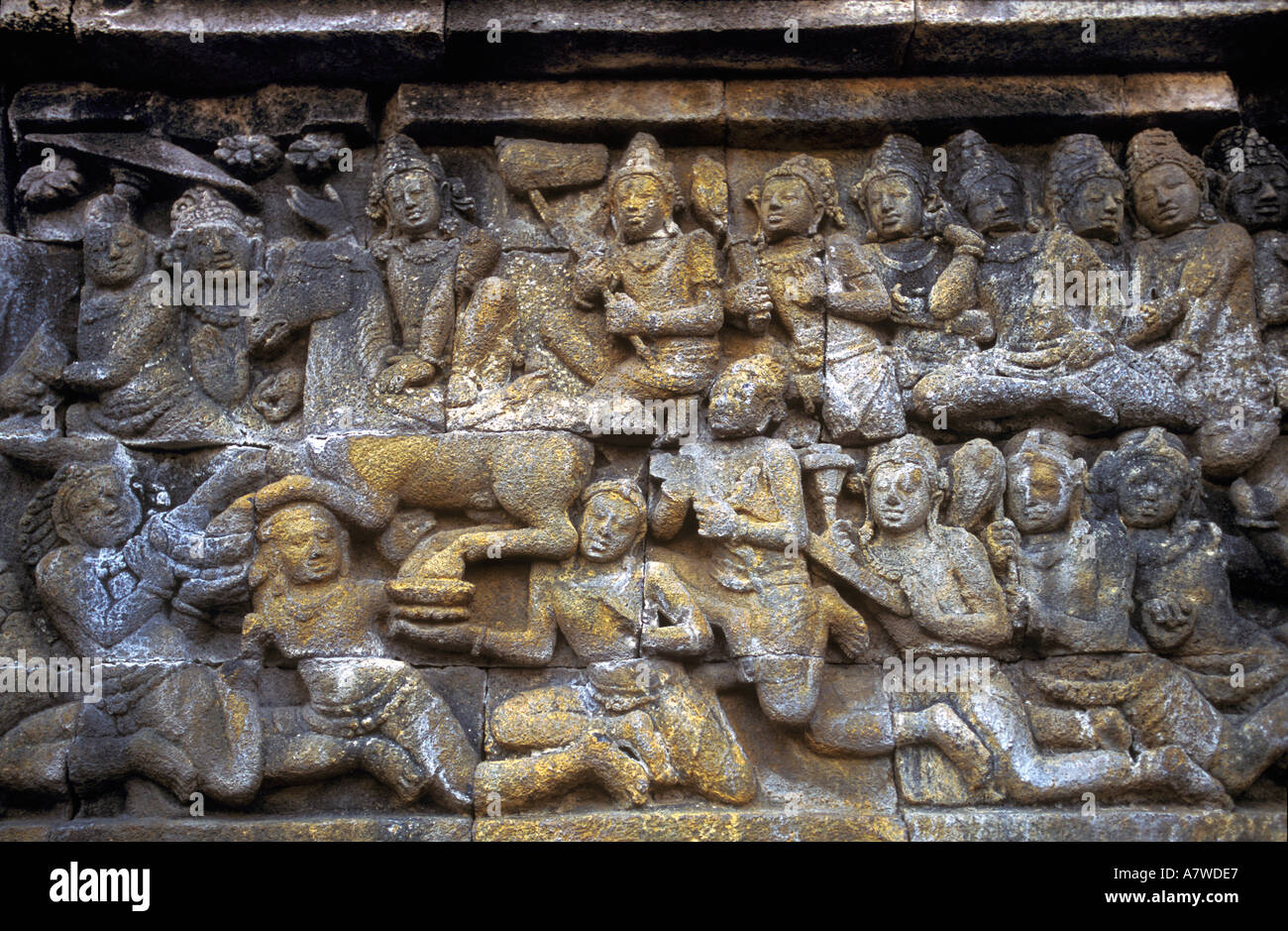 Relief depicting Sidhartha escaping from Palace Borobudur Stock Photo
