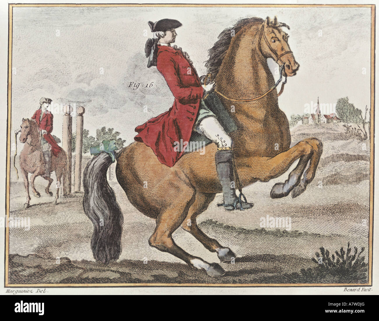 sport, equestrial sport, horse riding, dressage, levade, coloured engraving by Bernard, "Encyclopedie ou Dictionnaire raisonne des sciences arts et des metieres", edited by Denis Diderot and Jean Baptiste dS  Alembert, Paris 1751 - 1772, private collection, , Artist's Copyright has not to be cleared Stock Photo