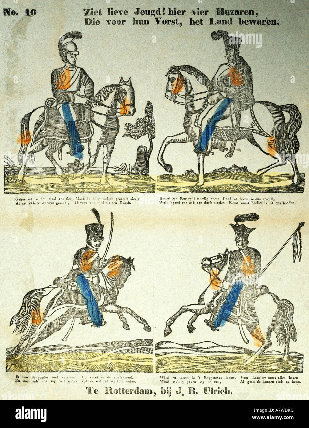 military, Netherlands, cavalry, cuirassier, hussar, dragoon and lancer, coloured engraving by J