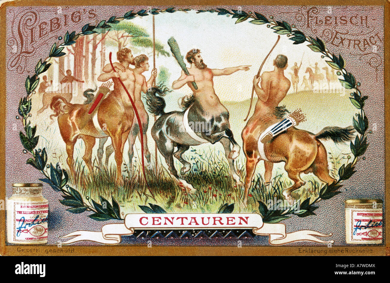 advertising, food, 'Liebigs Fleisch-Extract', lithograph, 'Centaurs', Germany 1900/1910, private collection, , Stock Photo
