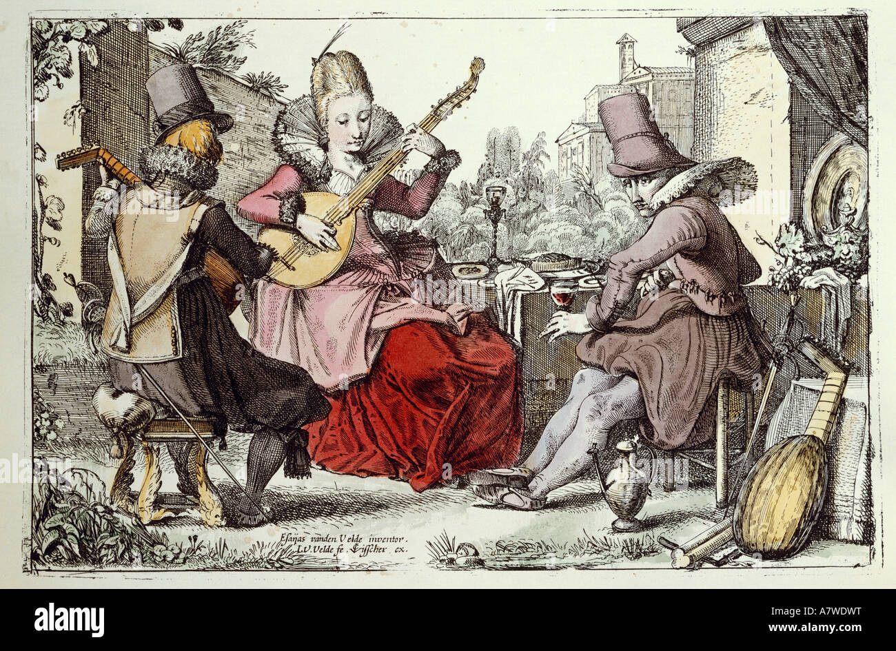music, musicians, coloured engraving by Claes J. Vischer, circa 1630, , Artist's Copyright has not to be cleared Stock Photo