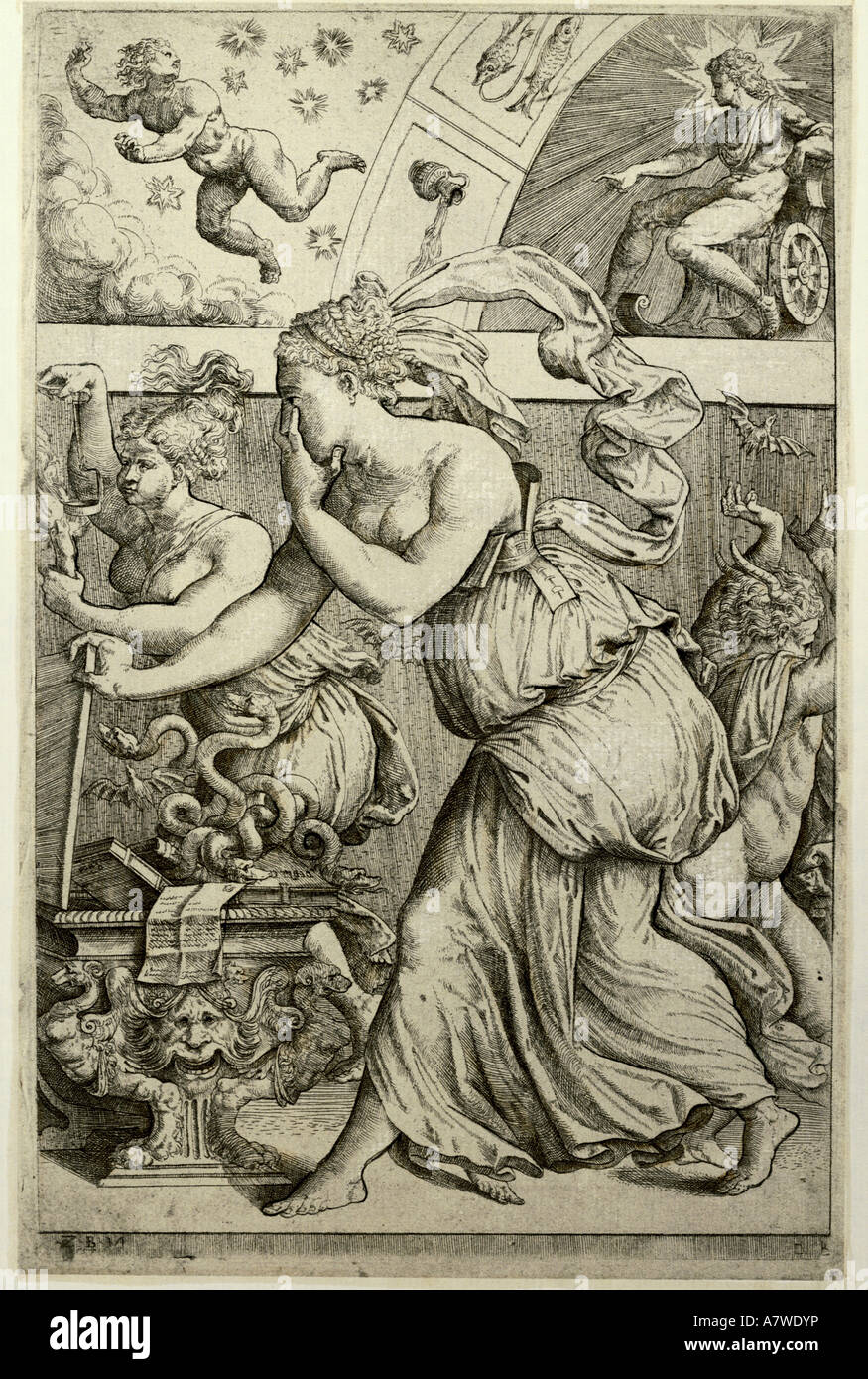 religion, ancient world, Greek mythology, Pandora, releasing the misfortunes of mankind, engraving, Italy, circa 1555/1560, Artist's Copyright has not to be cleared Stock Photo