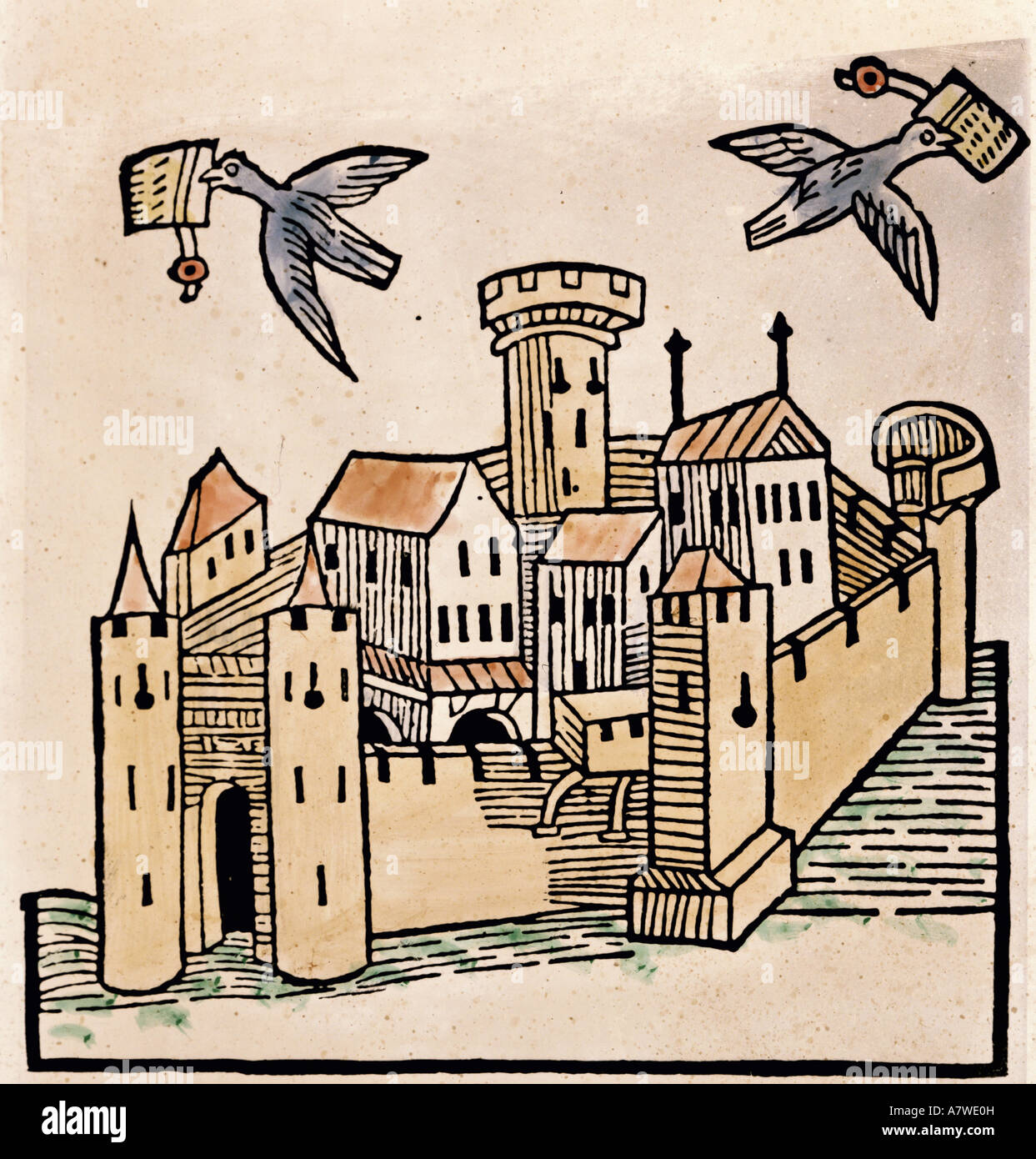 Mandeville, Jehan de, circa 1300 - 1372, French author/writer, work, "The Travels of Sir John Mandeville", circa 1322 - 1356, figure, carrier pigeons in ...