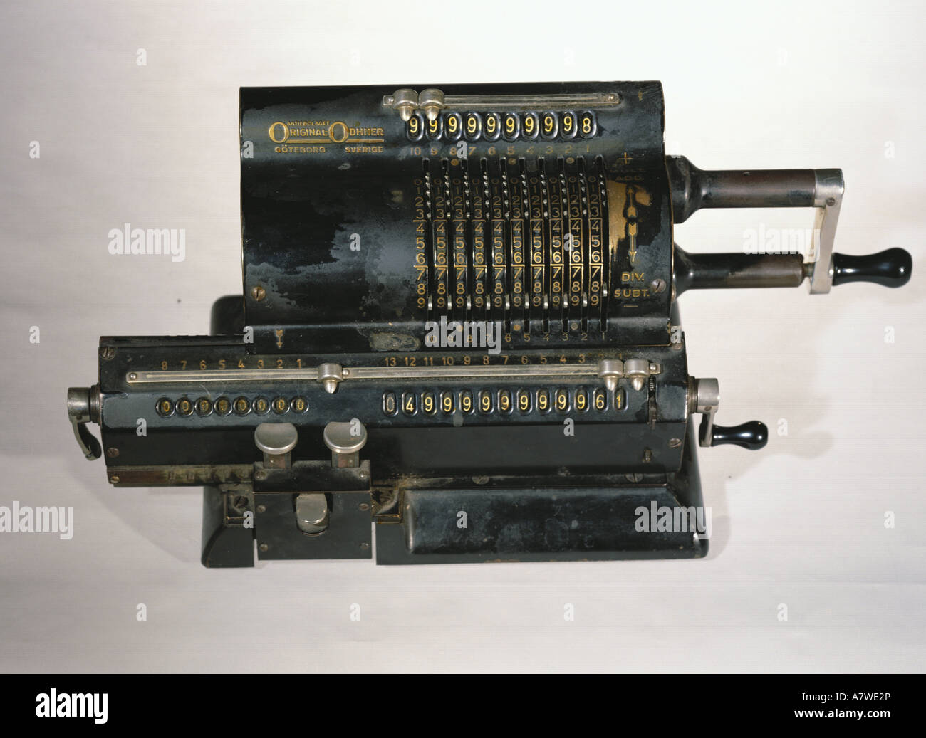 office, office equipment, calculator, mechanical calculator, Odhner 12, Göteborg, Schweden, um 1940, Die Neue Sammlung, Munich, industrial design, technics, 20th century, historic, historical, Goeteborg, Goteborg, 1940s, Stock Photo