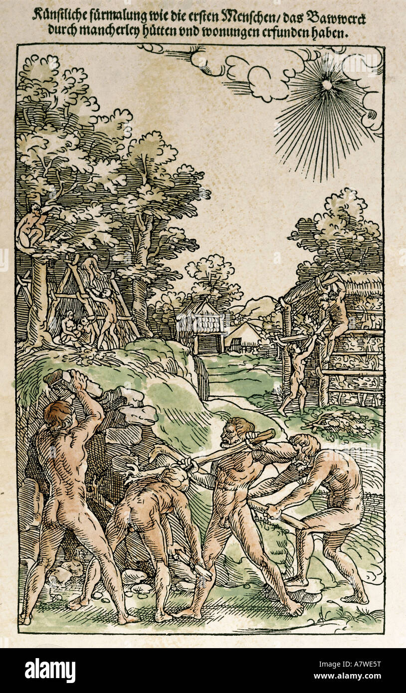 architecture, civil engineering, construction work of the first humans, coloured woodcut, 'De architectura libri decem' by Marcus Vitruvius Pollio, German translation by  Walther Ryff, Nurembewrg, 1548, private collection, , Stock Photo