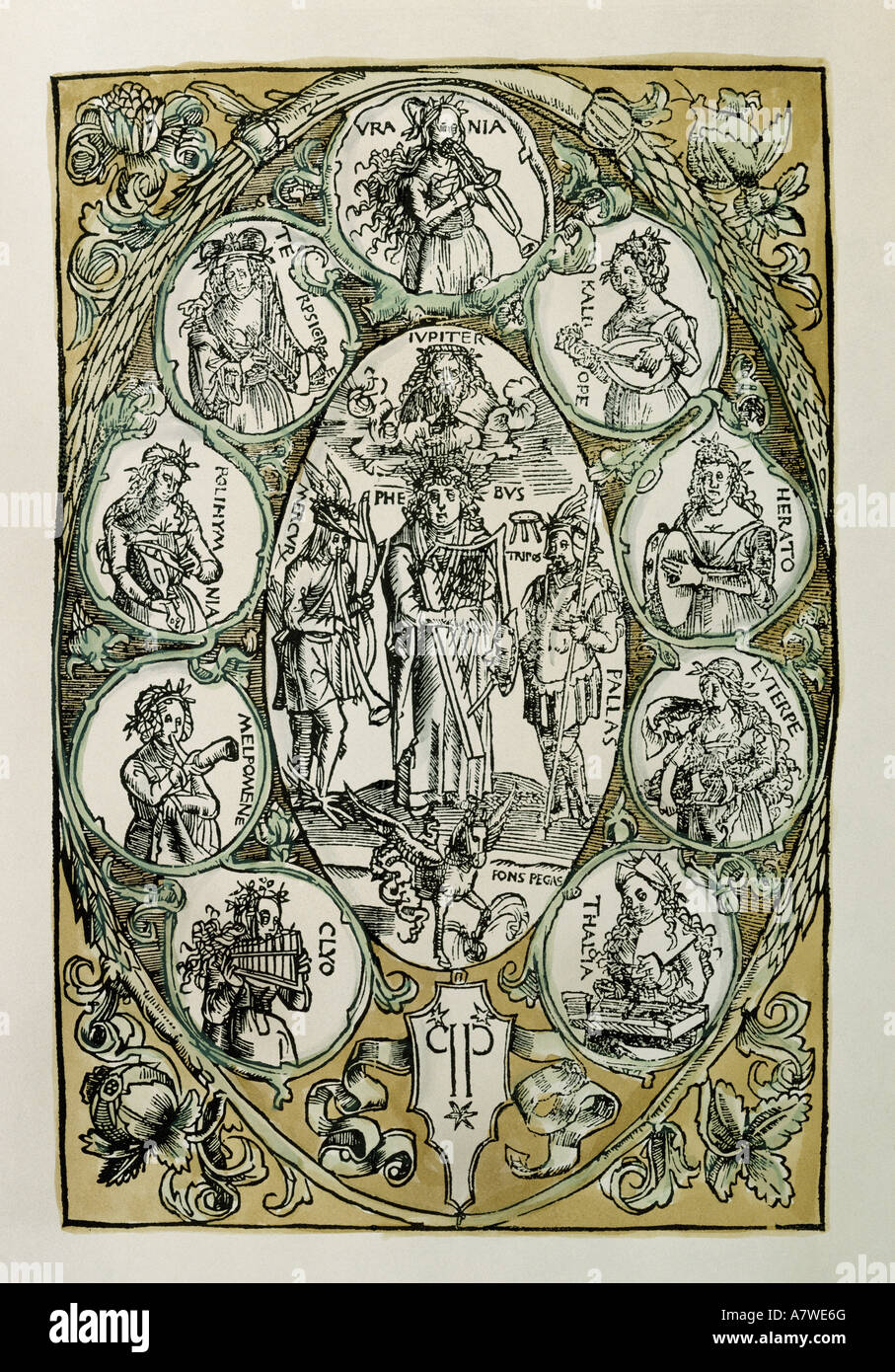 Celtis, Conrad, 1.2.1459 - 4.2.1508, German author / writer, humanist, works, musical version of the odes of Horace, 1540/1550, illustration, woodcut, Apollo surrounded by the muses, private collection, Stock Photo