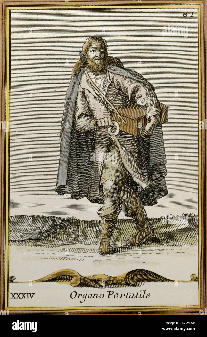 music, musicians, barrel organ player, 'Organo portatile', coloured engraving by Arnold van Westerhout to 'Gabinetto Armonico' by Filippo , Artist's Copyright has not to be cleared Stock Photo