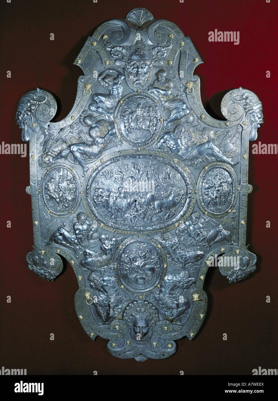 fine arts, metal, steel, driving, cartridge box shield, szene with horsemen and encahined prisoners, by E. Libaerts, Antwerp, circa 1560, Kunsthistorisches Museum Vienna, , Artist's Copyright has not to be cleared Stock Photo