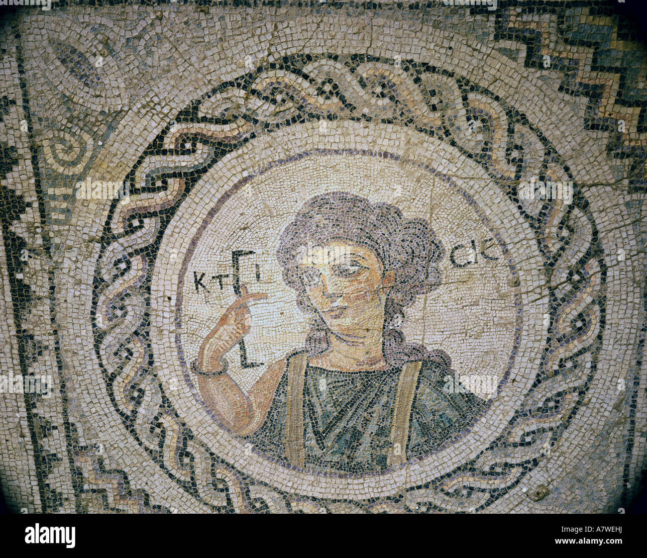 fine arts, ancient world, Roman Empire, mosaic, female genius of creation, circa 200 AD, house of Eustolios, Kurion, Cyprus, , Artist's Copyright has not to be cleared Stock Photo