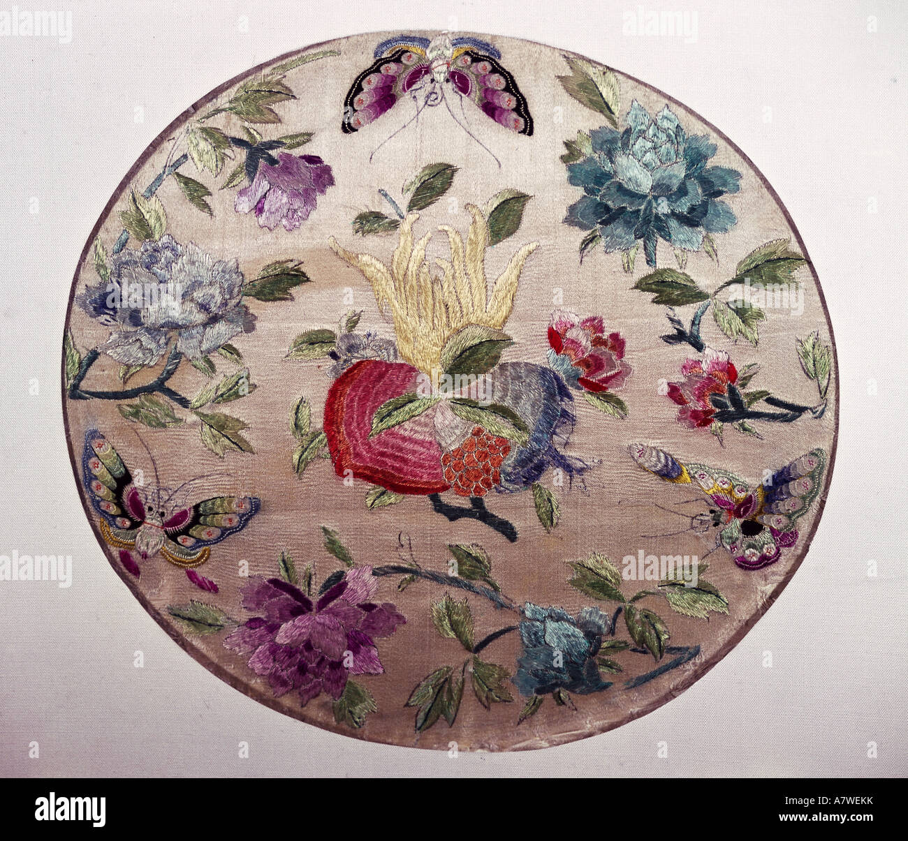 fine arts, China, textiles, silk embroidery, flowers and butterflies, 17th century, private collection, Artist's Copyright has not to be cleared Stock Photo