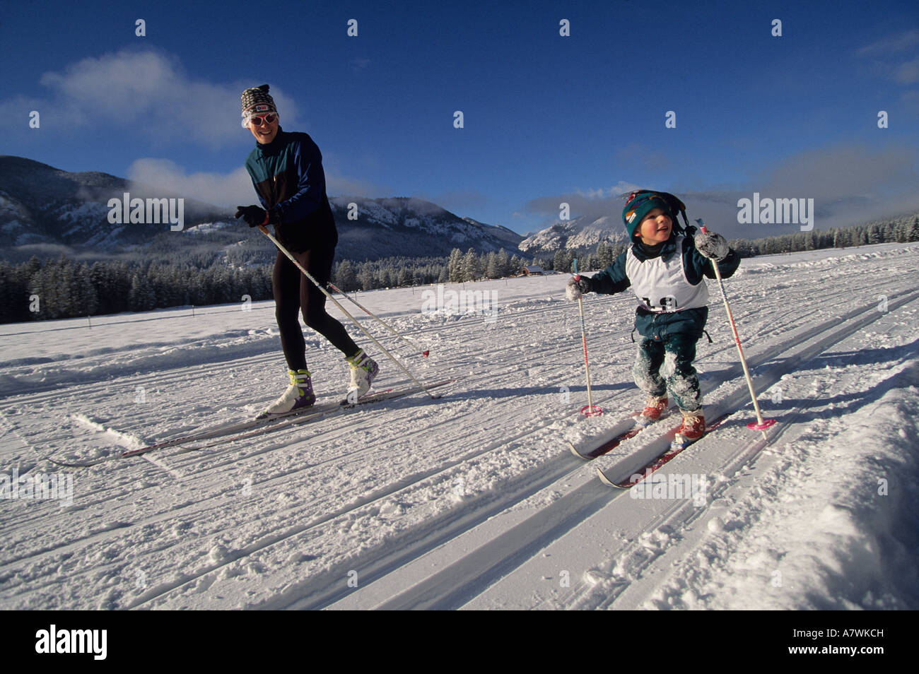 A very young cross country ski racer Methow Valley Washington State USA Stock Photo