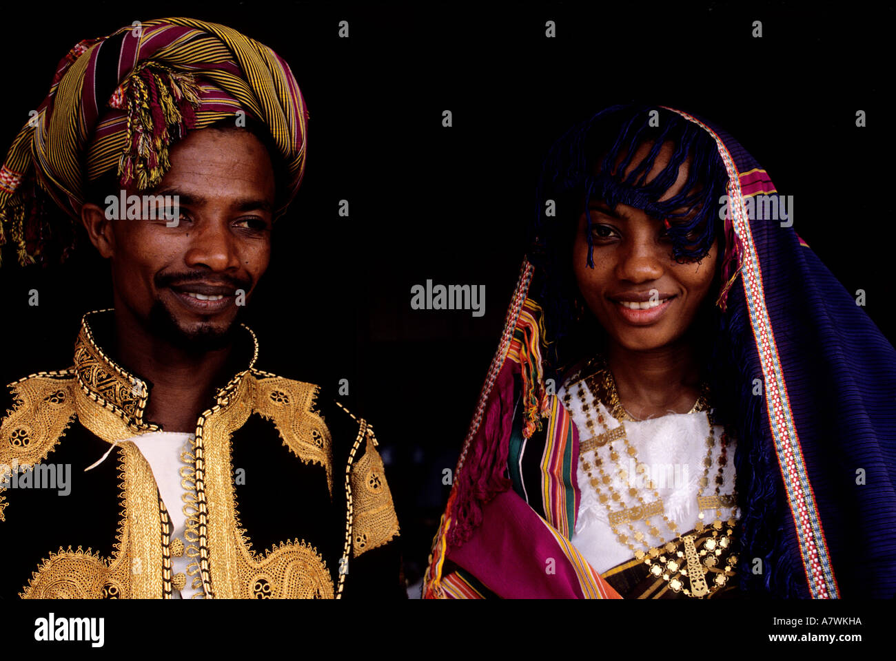 Comoros Republic, Anjouan islands, couple of newly-weds wearing traditional costumes Stock Photo