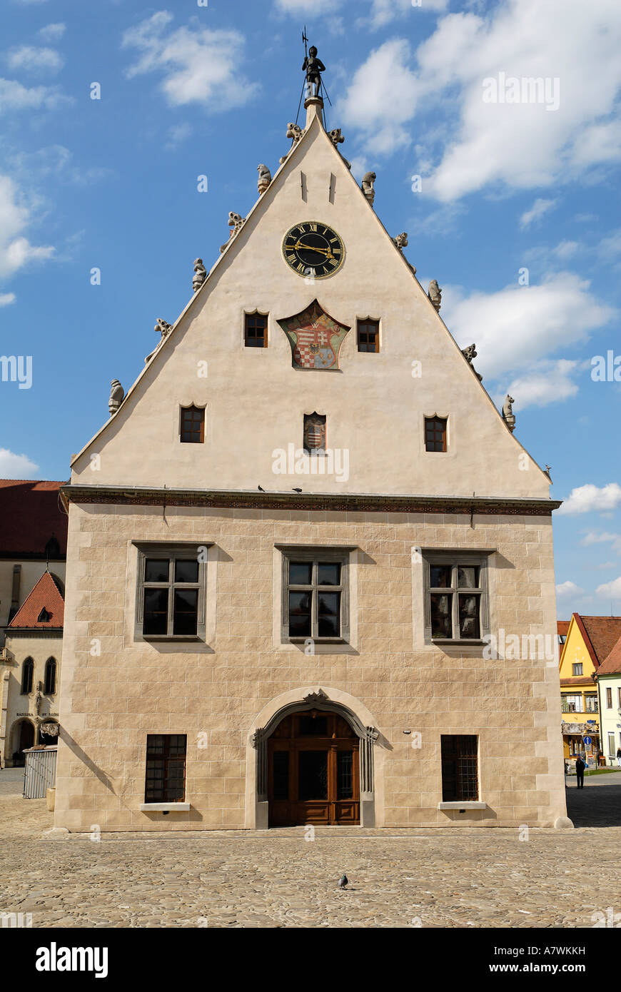 Gothic town hall at the city square of Bardejov, Unesco World Heritage Site, Slovakia Stock Photo
