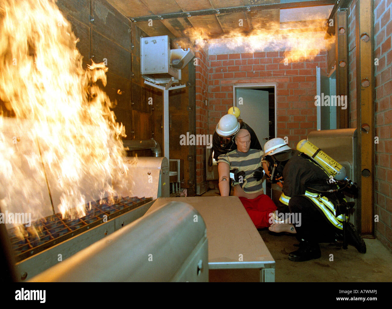 Firefighters with self-contained breathing apparatus during a fire practice. Koblenz, Rhineland-Palatinate, Germany Stock Photo
