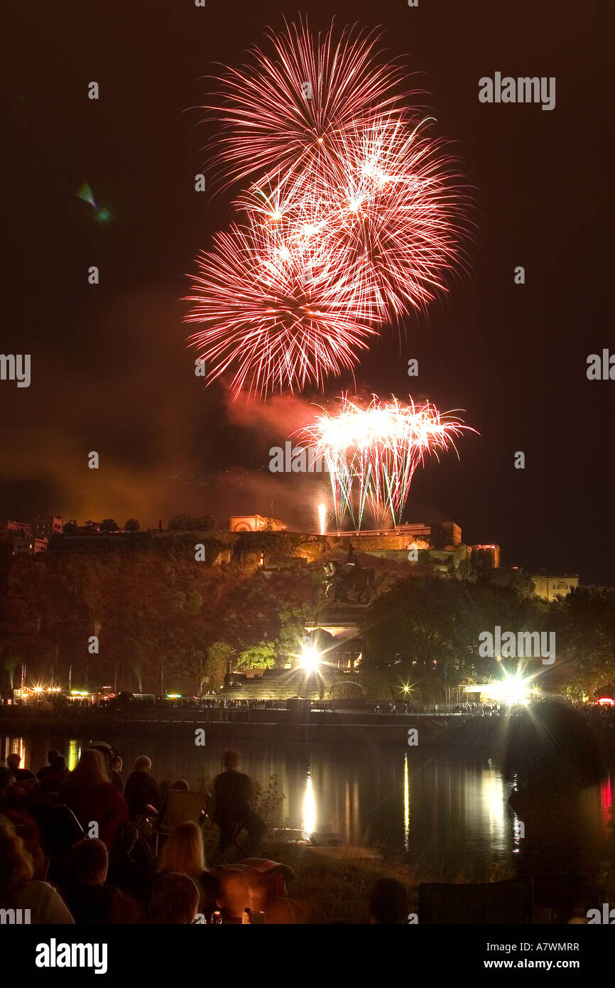 Firework above the fortress Ehrenbreitstein in Koblenz and above the german Corner with the statue of emperor Wilhelm II. Koble Stock Photo
