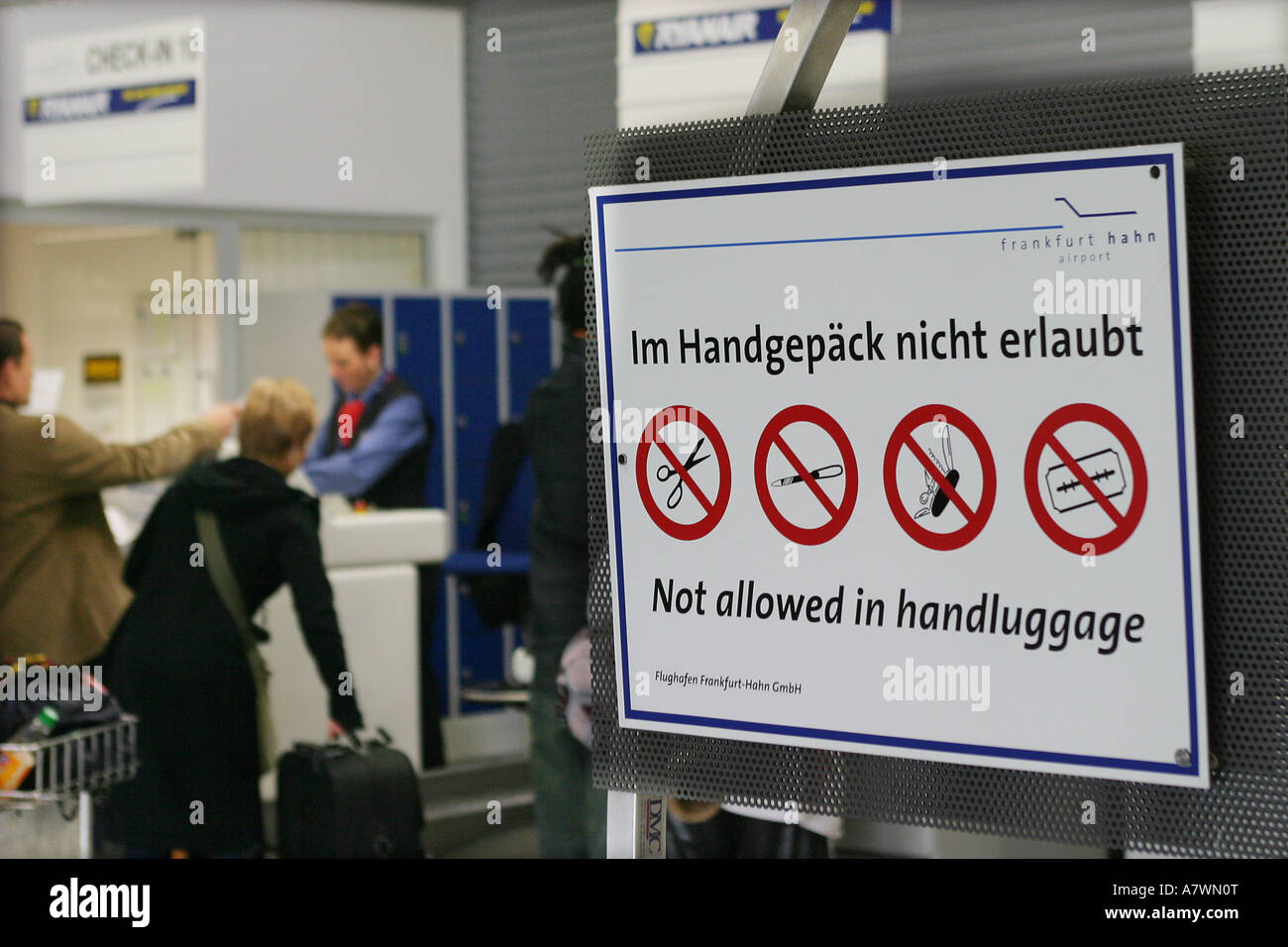 Sign-board for luggage in the airport Frankfurt-Hahn, Rhineland-Palatinate , Germany Stock Photo