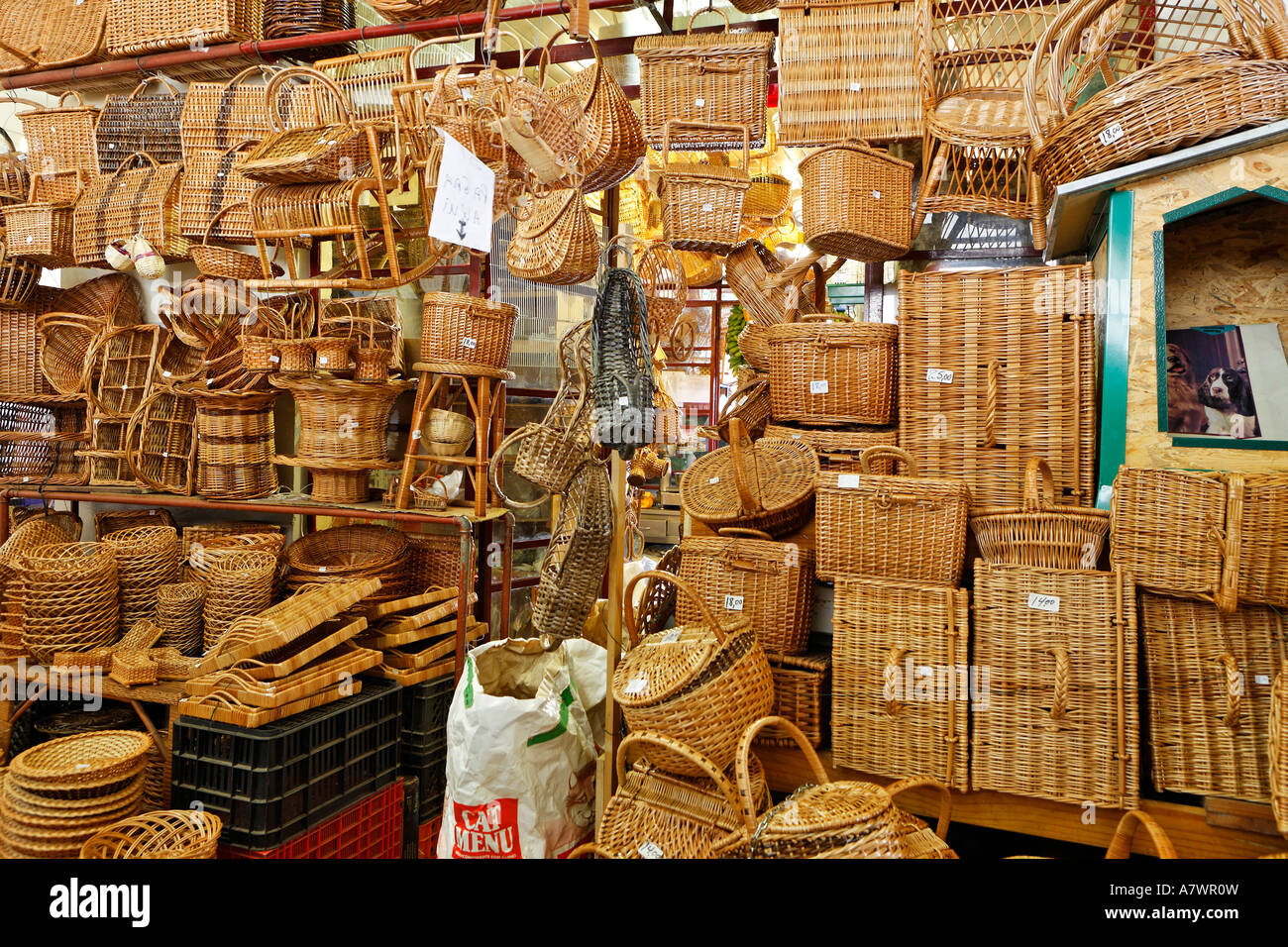 Handmade baskets in the market hall, Funchal, Madeira, Portugal Stock Photo