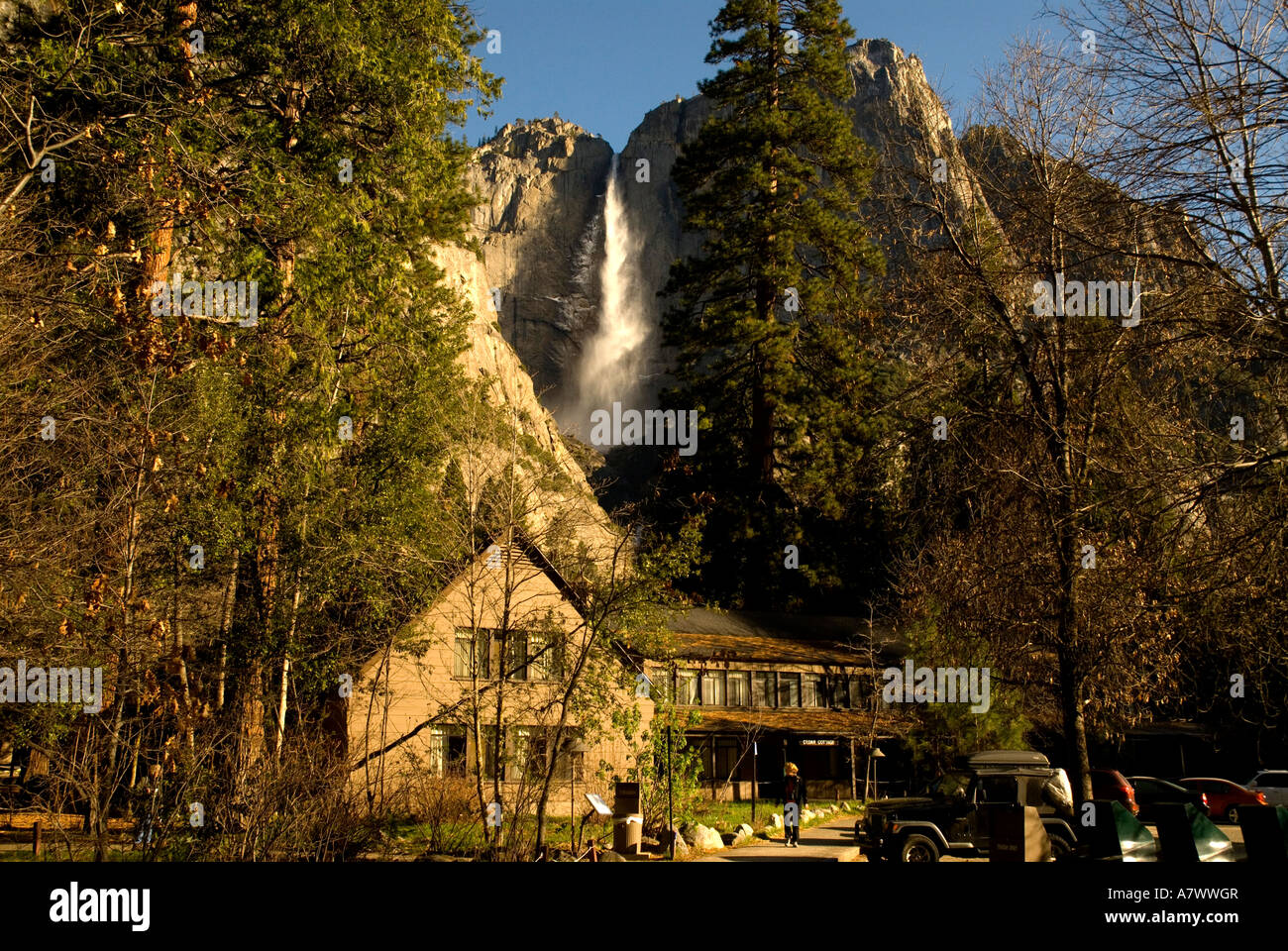 Yosemite Falls behind Yosemite Lodge Stock Photo