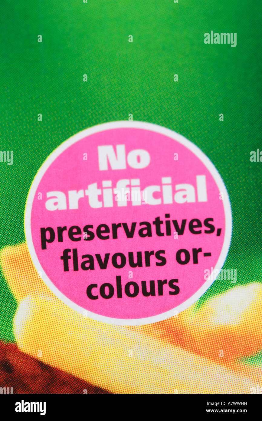 Food product labelling No Artificial preservatives or colours Stock Photo
