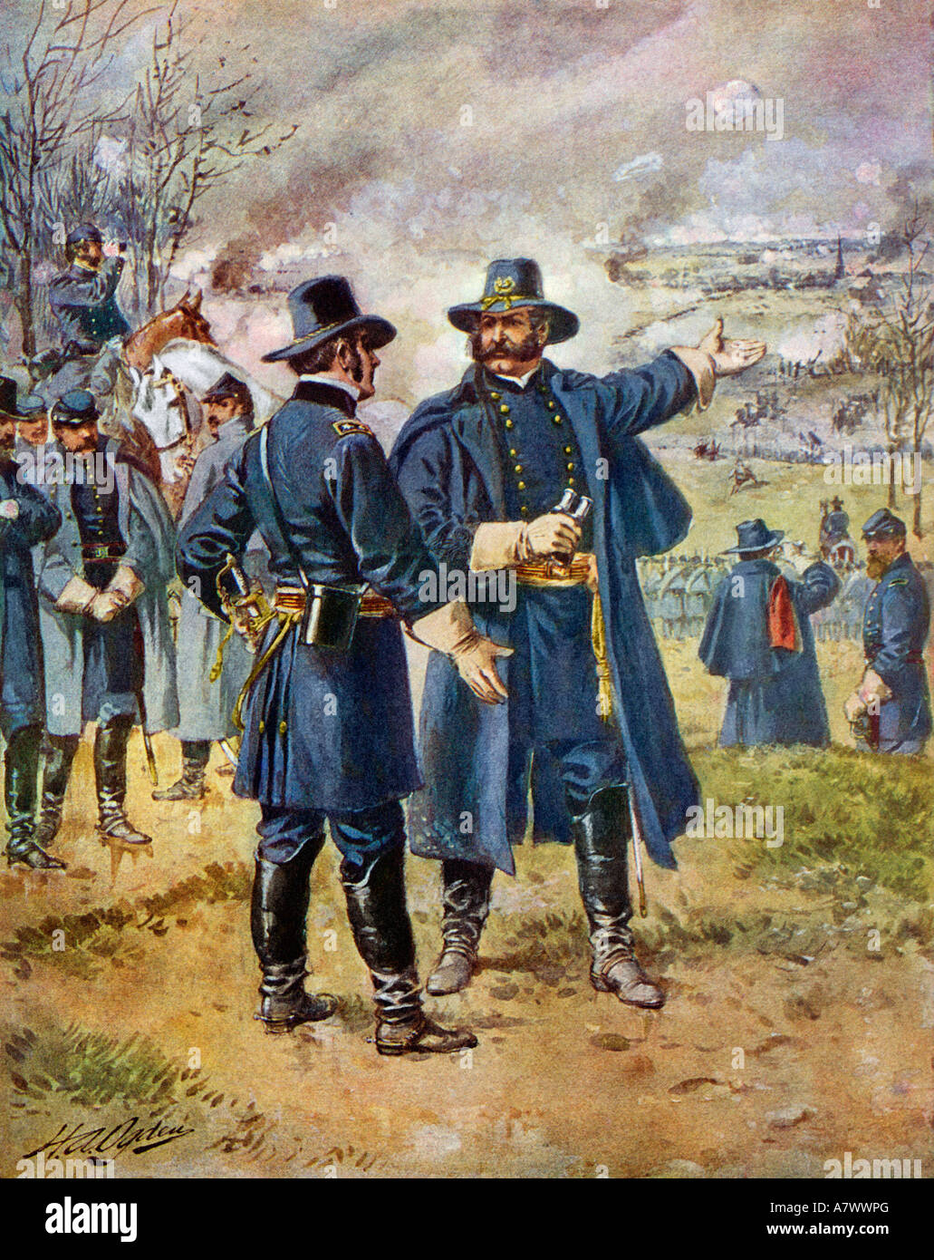 General Burnside ordering General Hooker to charge the heights at Fredericksburg December 1862 US Civil War. Color lithograph Stock Photo