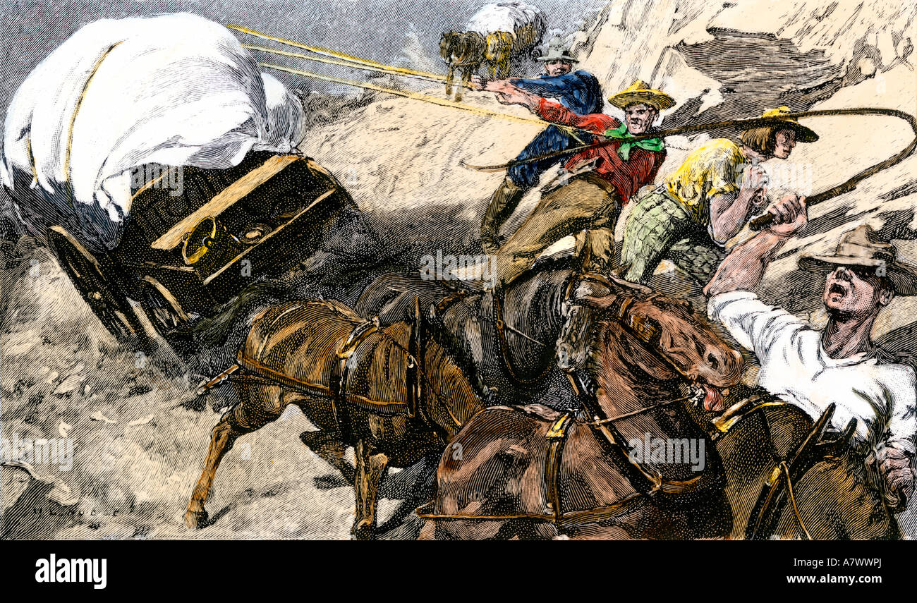 Prospectors traveling a rough road to the gold regions of California.. Hand-colored woodcut Stock Photo