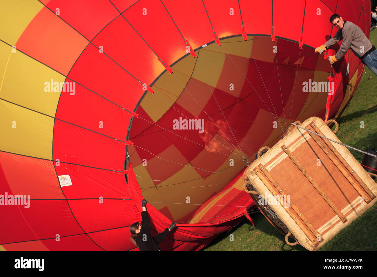 Hot air balloon being inflated and prepared for launch ballooning Stock Photo