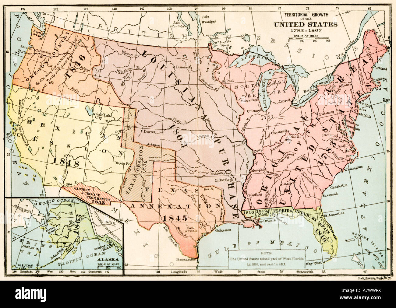 Map of territorial growth of the US from 1783 to 1867. Color lithograph Stock Photo