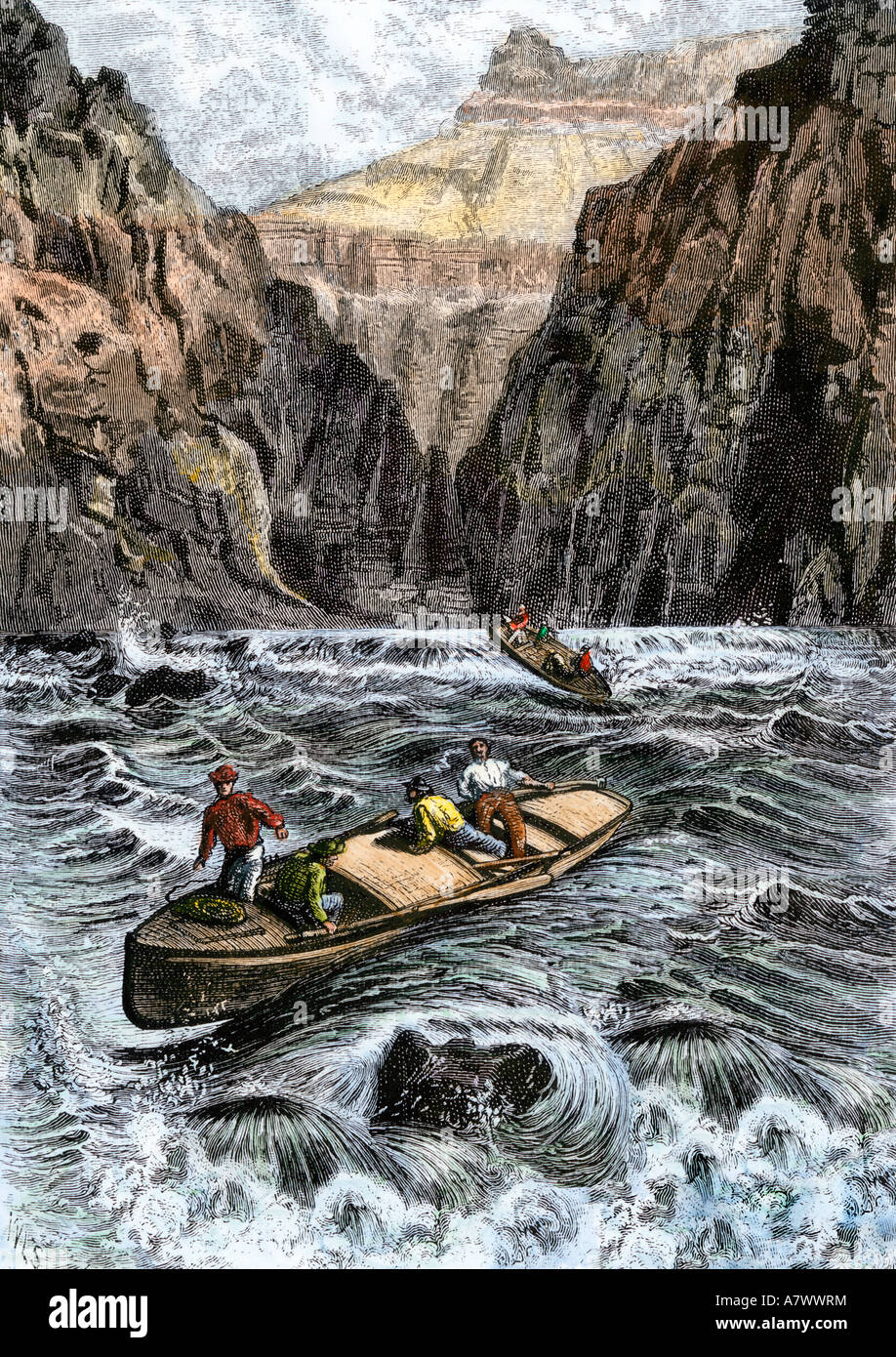 Grand Canyon expedition of John Wesley Powell running rapids on the Colorado River 1870s. Hand-colored woodcut Stock Photo
