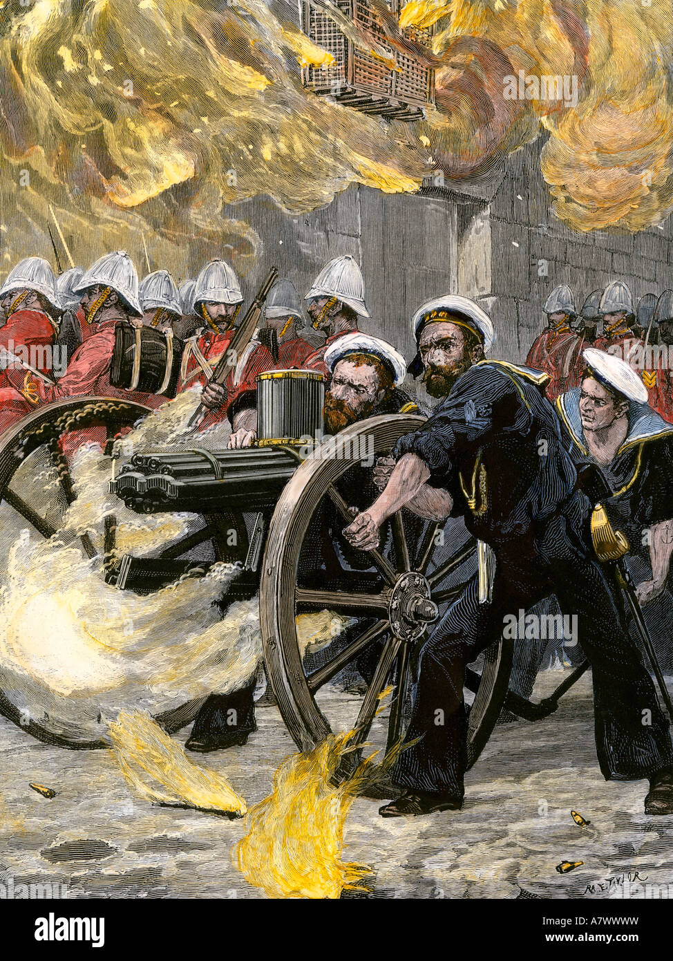 British naval brigade using a Gatling gun to occupy Alexandria Egypt 1882. Hand-colored woodcut Stock Photo