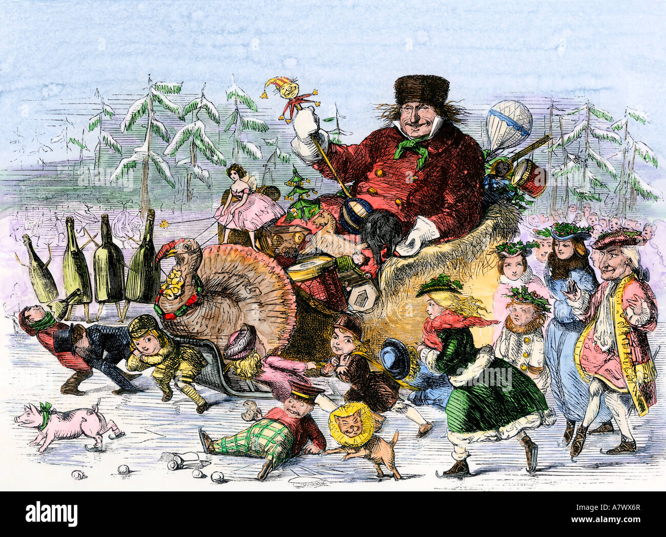 Santa Claus paying his Christmas visit to his young friends in the United States 1850s. Hand-colored woodcut Stock Photo