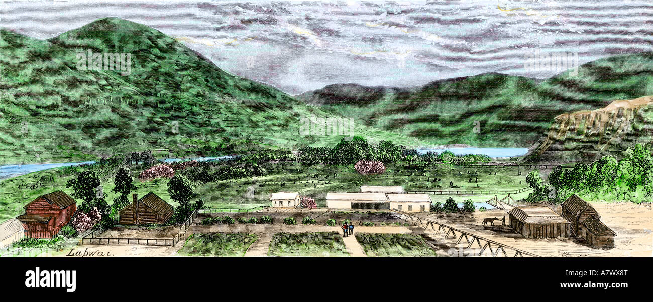 Farms on the Nez Perce reservation in Lapwai Idaho 1870s. Hand-colored woodcut Stock Photo