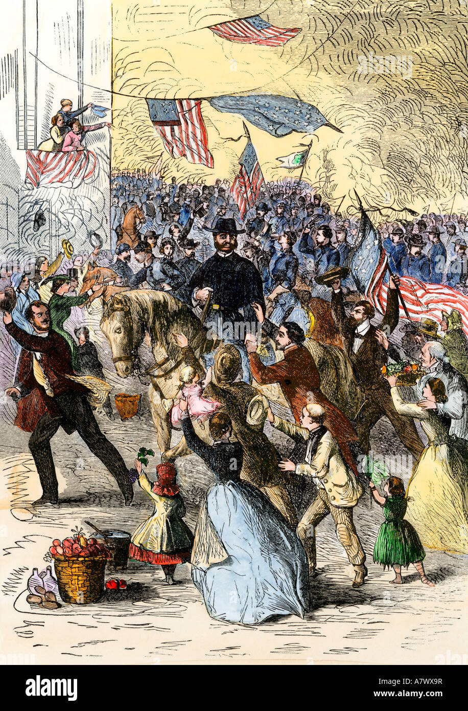 Union General Ambrose Burnside and his Rhode Island troops entering Knoxville during the US Civil War 1863. Hand-colored woodcut Stock Photo
