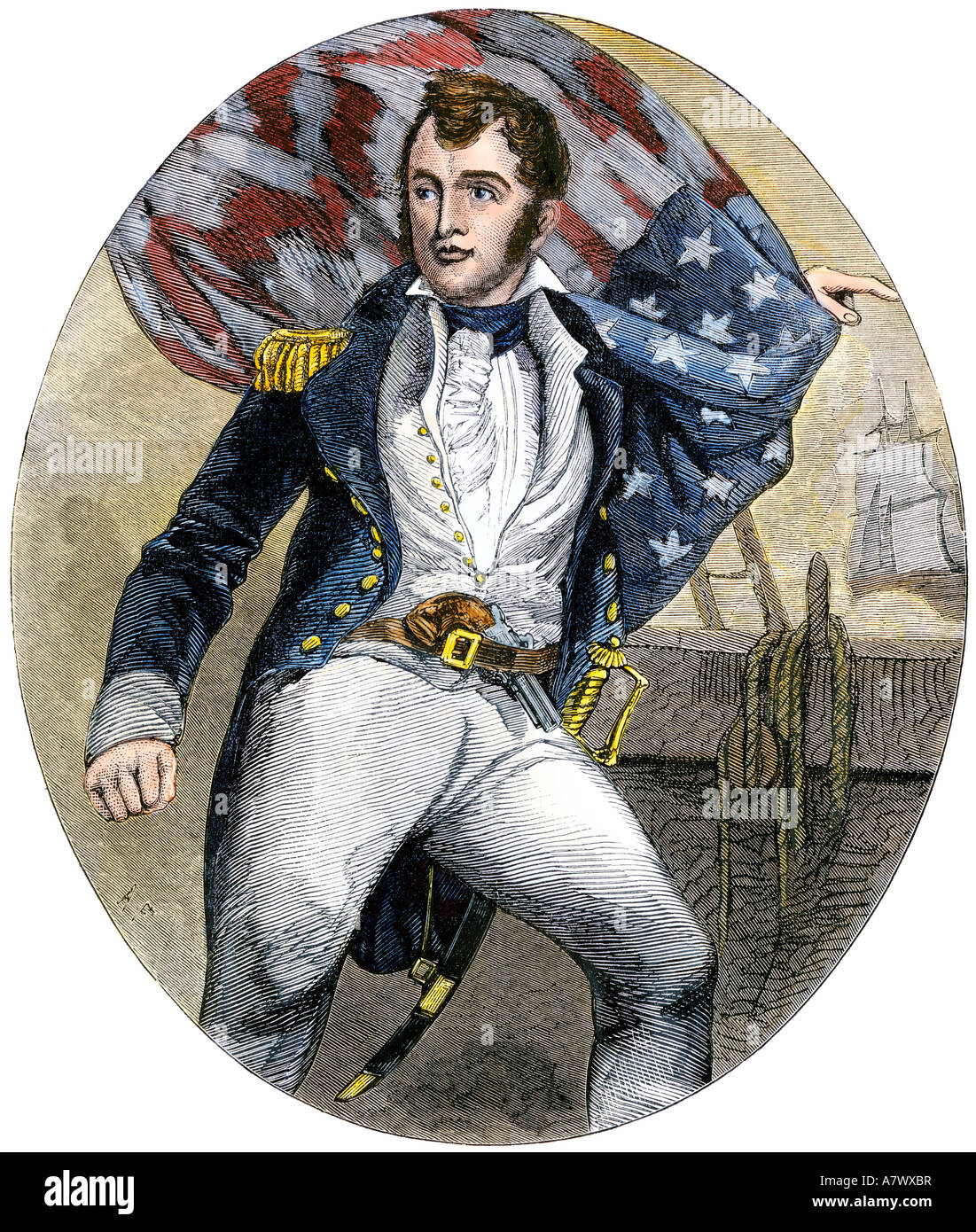 Oliver H. Perry in the rigging, War of 1812. Hand-colored woodcut Stock Photo