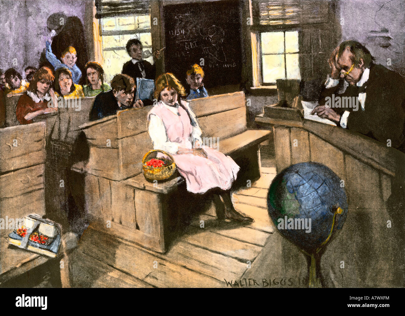 New student is the center of attention in a one-room school. Hand-colored halftone of an illustration Stock Photo