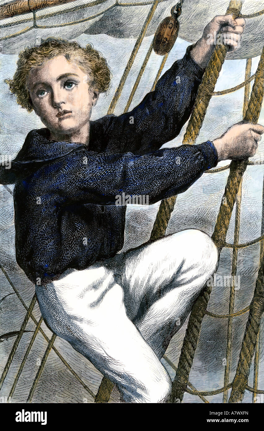 Young sailor going aloft 1800s. Hand-colored woodcut Stock Photo